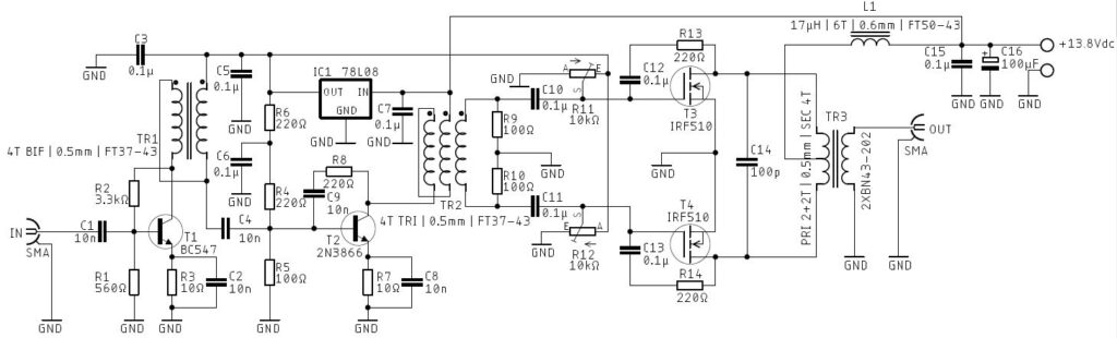 25W HF Linear Amplifier 2 x IRF510 improved schematic
